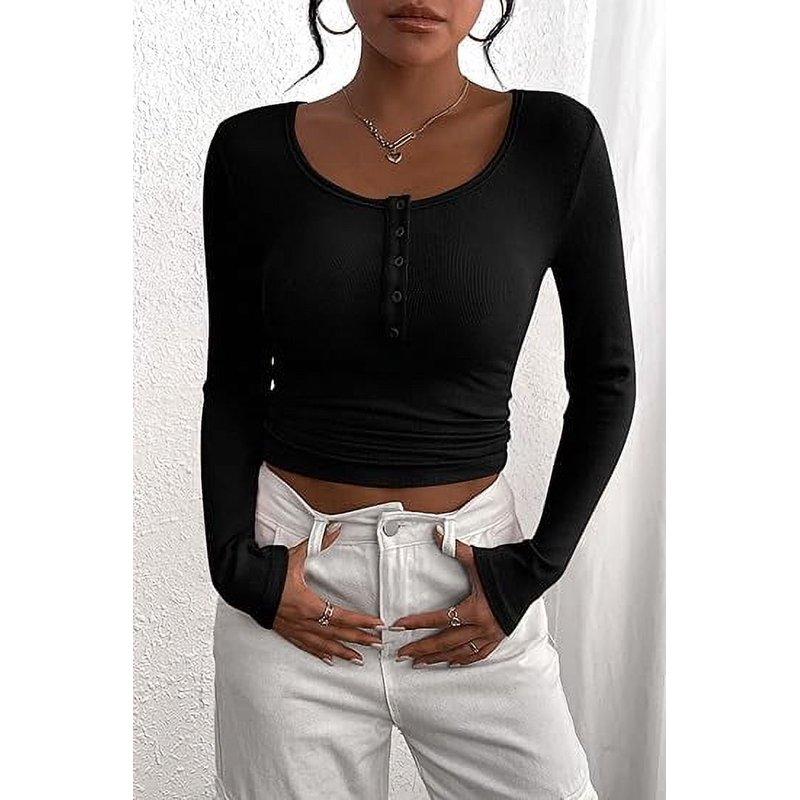 PRETTYGARDEN Women's 2025 Spring Fall Long Sleeve Henley T Shirts Button Ribbed Knit Slim Fit Casual Basic Tops Blouse