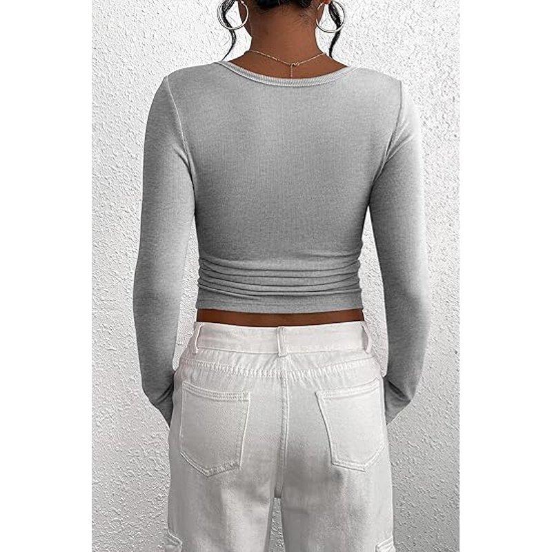 PRETTYGARDEN Women's 2025 Spring Fall Long Sleeve Henley T Shirts Button Ribbed Knit Slim Fit Casual Basic Tops Blouse