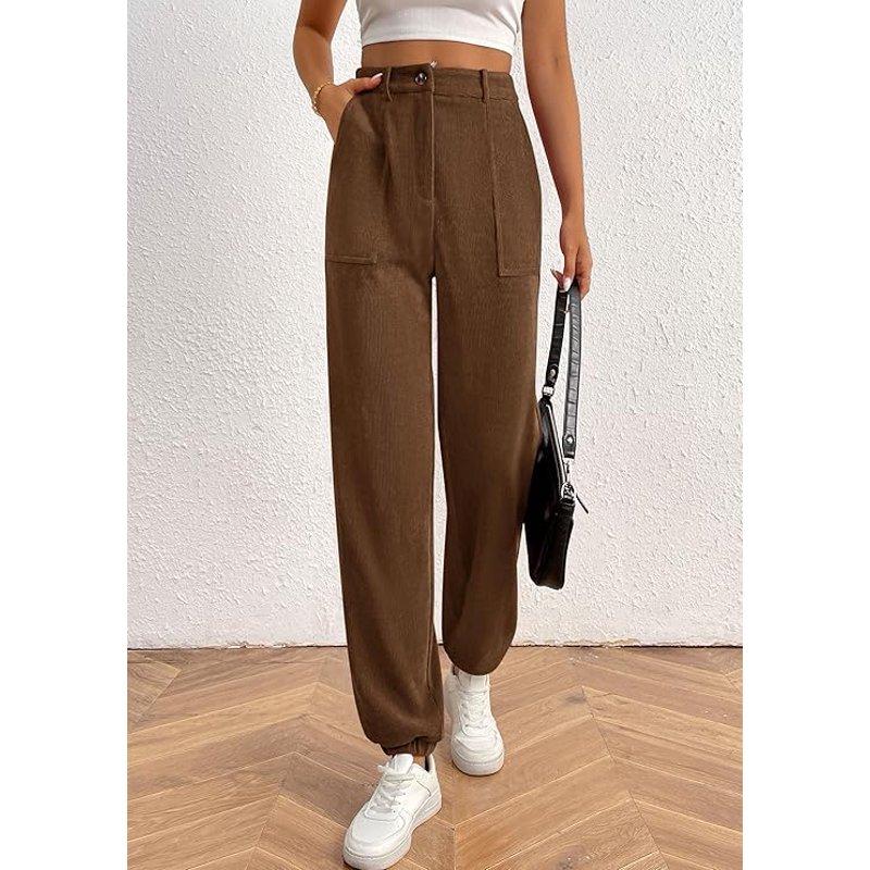 PRETTYGARDEN Women's Dressy Casual Pants Elastic High Waisted Work Office Corduroy Trouser Slacks With Pockets