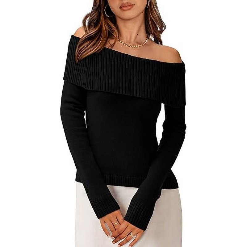 PRETTYGARDEN Women's Fall Off Shoulder Sweaters Y2K Long Sleeve Ribbed Knit Fitted Pullover Winter Date Night Tops Blouse