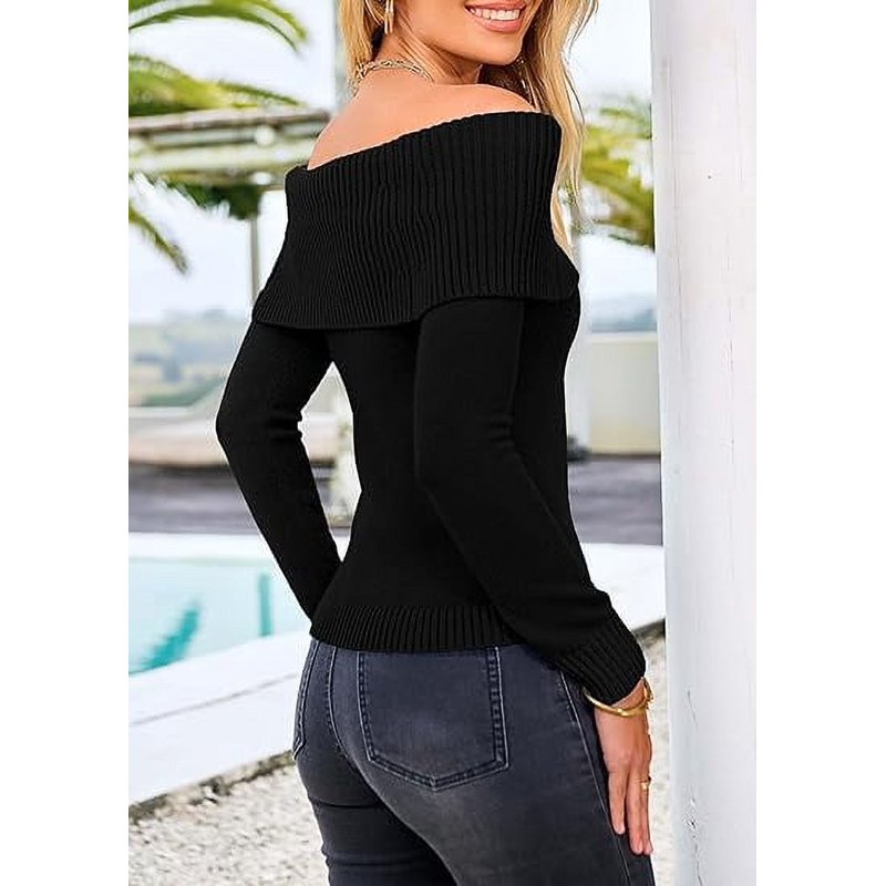 PRETTYGARDEN Women's Fall Off Shoulder Sweaters Y2K Long Sleeve Ribbed Knit Fitted Pullover Winter Date Night Tops Blouse