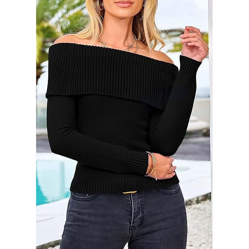 PRETTYGARDEN Women's Fall Off Shoulder Sweaters Y2K Long Sleeve Ribbed Knit Fitted Pullover Winter Date Night Tops Blouse