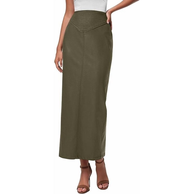 PRETTYGARDEN Women's Faux Leather Long Skirt Fall Trendy Clothes High Waist Dressy Casual Pencil Maxi Skirts With Slit