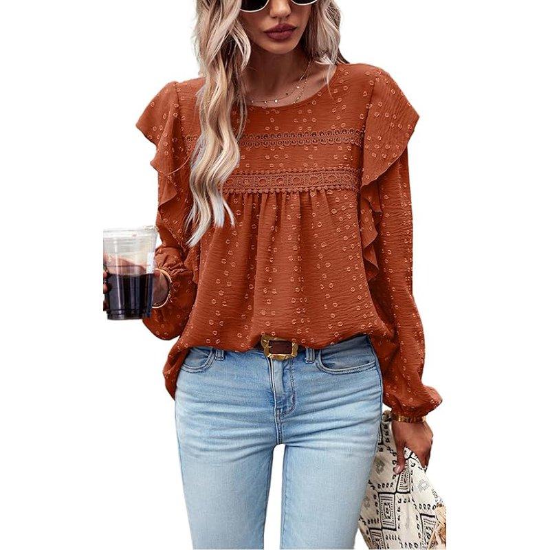 PRETTYGARDEN Women's Long Sleeve Blouses Ruffle Swiss Dot Crochet Loose Fit Spring Fall Tunic Dressy Casual Tops