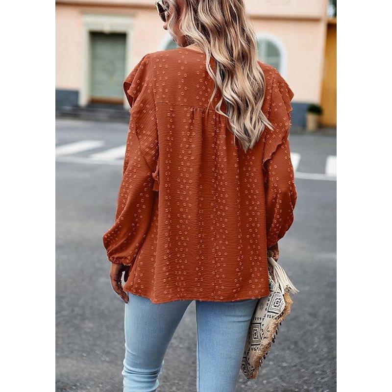 PRETTYGARDEN Women's Long Sleeve Blouses Ruffle Swiss Dot Crochet Loose Fit Spring Fall Tunic Dressy Casual Tops