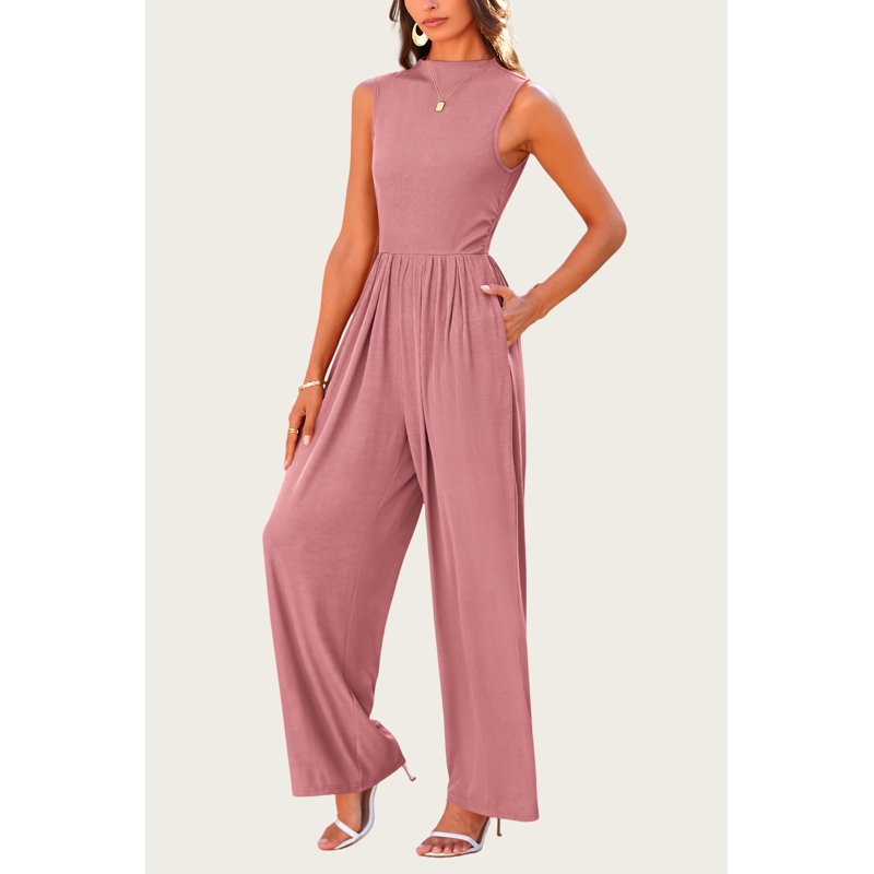 PRETTYGARDEN Womens Summer Jumpsuits Dressy Casual One Piece Outfits Sleeveless Mock Neck Wide Leg Pants Rompers With Pockets