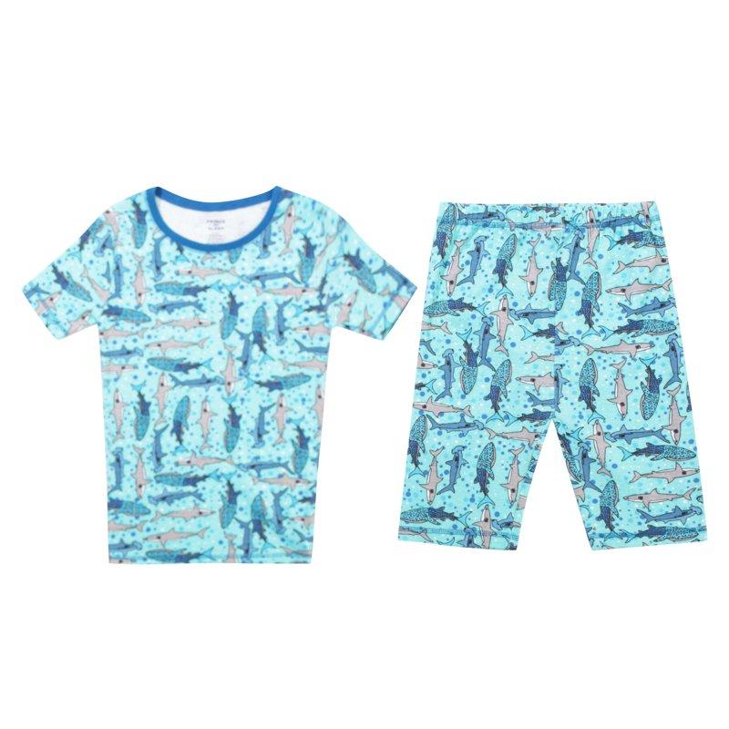 PRINCE OF SLEEP Boys' Short Sleeve Cotton Pajama Sets (Blue - Sharks Short Sleeve With Short 10-12 Years)