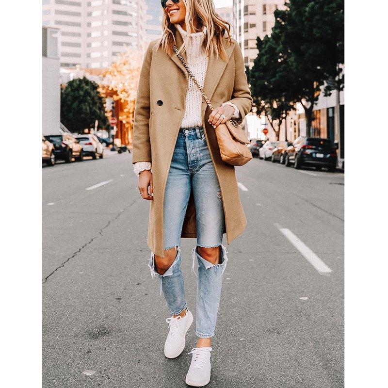 PUWEI Women's Casual Lapel Collar Wool Coat Single-Breasted Peacoat With Pockets