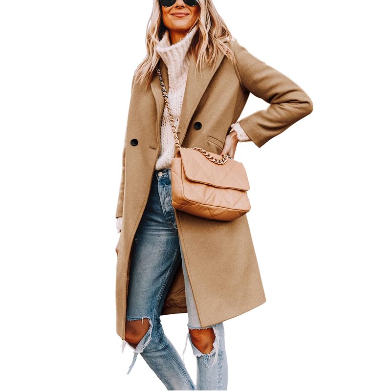 PUWEI Women's Casual Lapel Collar Wool Coat Single-Breasted Peacoat with Pockets