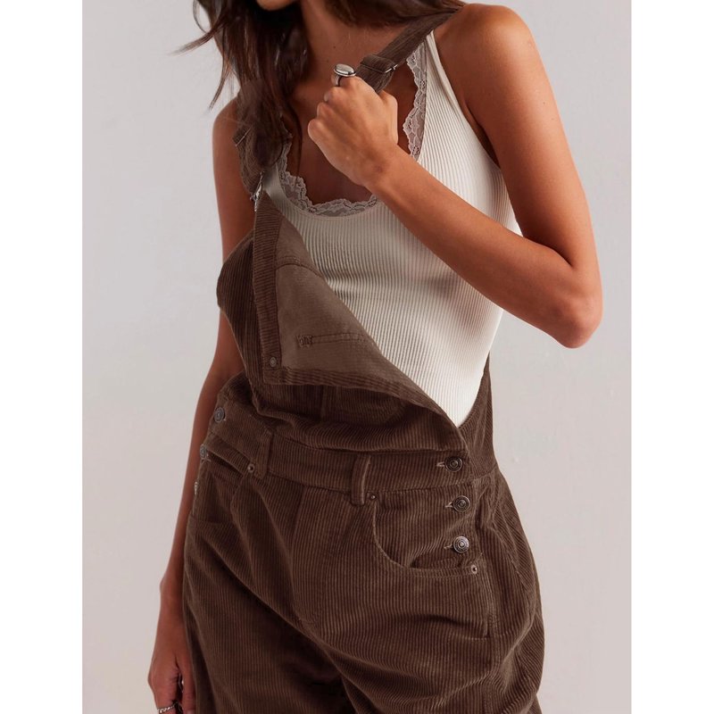 PUWEI Women's Corduroy Overalls Wide Leg Barrel Jeans Adjustable Straps Bib Romper With Pockets