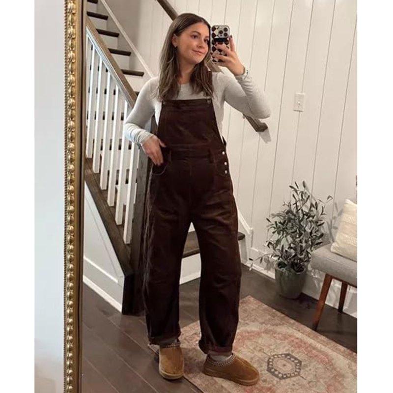 PUWEI Women's Corduroy Overalls Wide Leg Barrel Jeans Adjustable Straps Bib Romper With Pockets