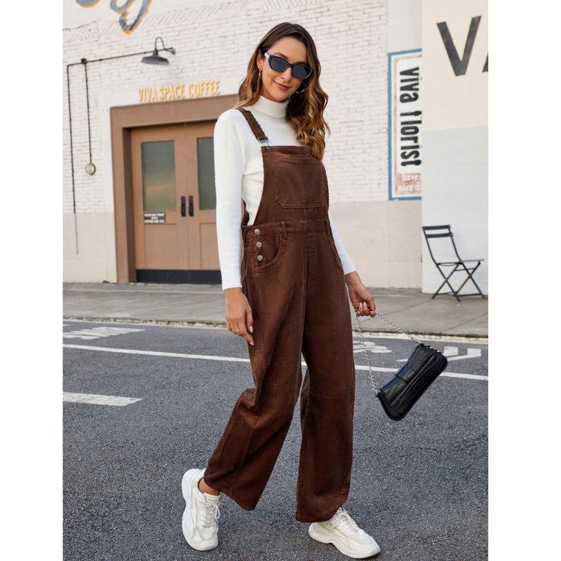 PUWEI Women's Corduroy Overalls Wide Leg Barrel Jeans Adjustable Straps Bib Romper With Pockets