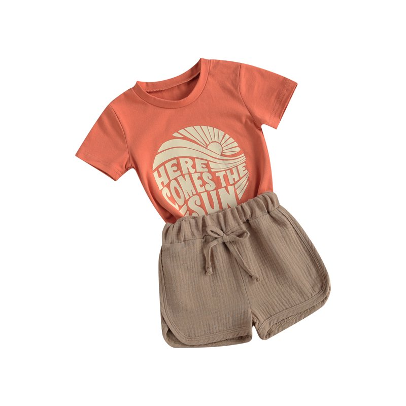 Qtinghua 2Pcs Toddler Baby Boy Summer Clothes Letter & Sun Pattern Short Sleeve Tops + Shorts Outfits Khaki 6-12 Months