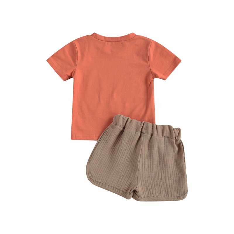 Qtinghua 2Pcs Toddler Baby Boy Summer Clothes Letter & Sun Pattern Short Sleeve Tops + Shorts Outfits Khaki 6-12 Months
