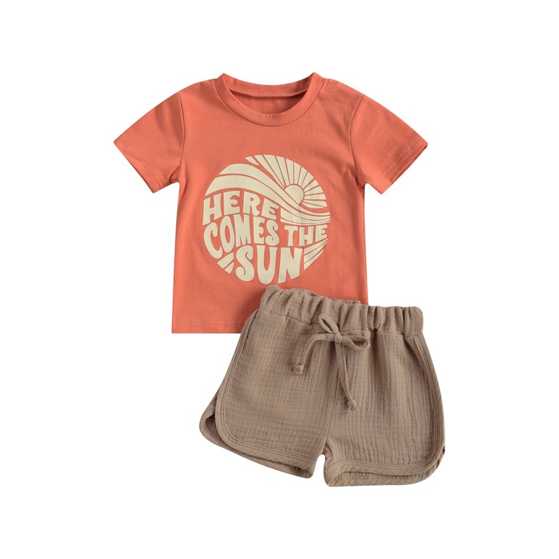 Qtinghua 2Pcs Toddler Baby Boy Summer Clothes Letter & Sun Pattern Short Sleeve Tops + Shorts Outfits Khaki 6-12 Months