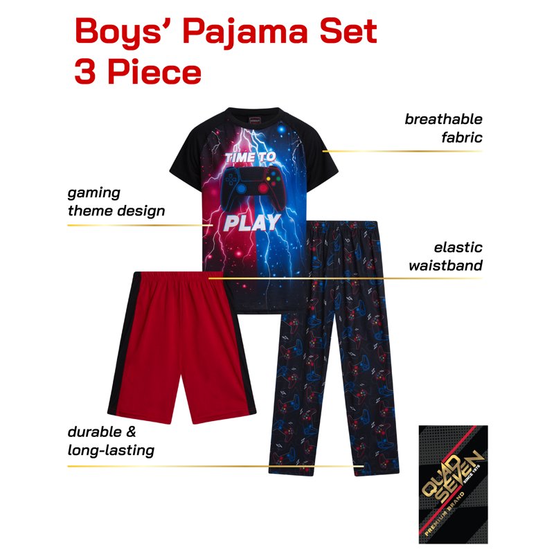 Quad Seven Boys' Pajama Set - 3 Piece Sleep Shirt Pajama Pants And Lounge Shorts (4-18)