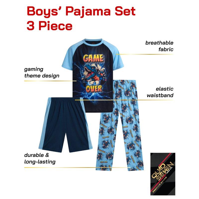Quad Seven Boys' Pajama Set - 3 Piece Sleep Shirt Pajama Pants And Lounge Shorts (4-18)