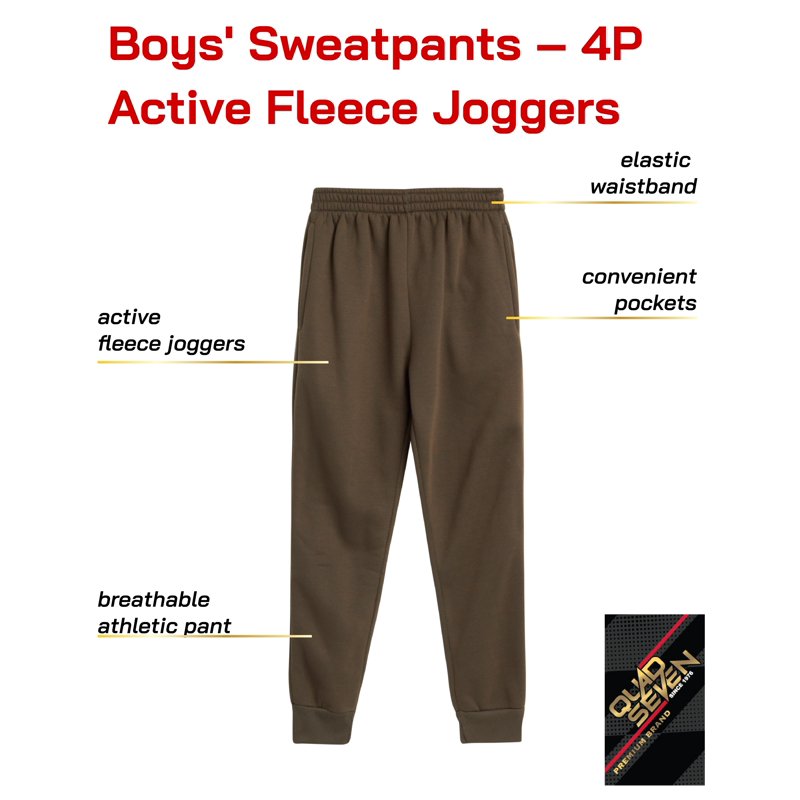 Quad Seven Boys’ Sweatpants – 4 Pack Active Fleece Joggers (Size: 4-18)