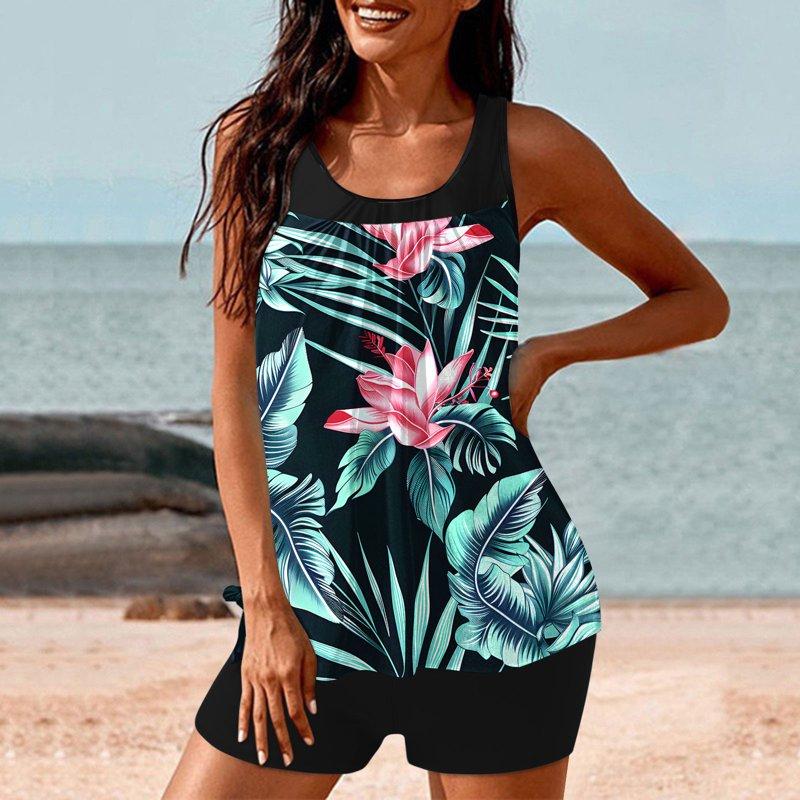Qucoqpe Tankini Swimsuits For Women Loose Fit Floral Print Two Piece Modest Bathing Suits Blouson Tankini Tops With Boyshorts