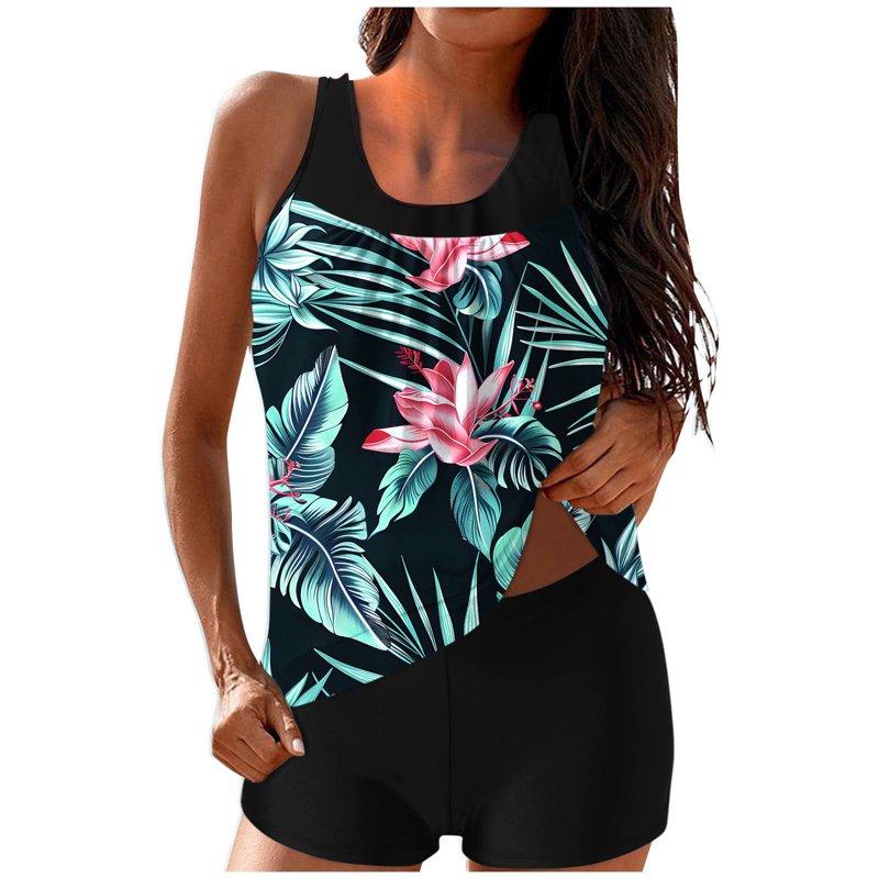 qucoqpe Tankini Swimsuits for Women Loose Fit Floral Print Two Piece Modest Bathing Suits Blouson Tankini Tops with Boyshorts