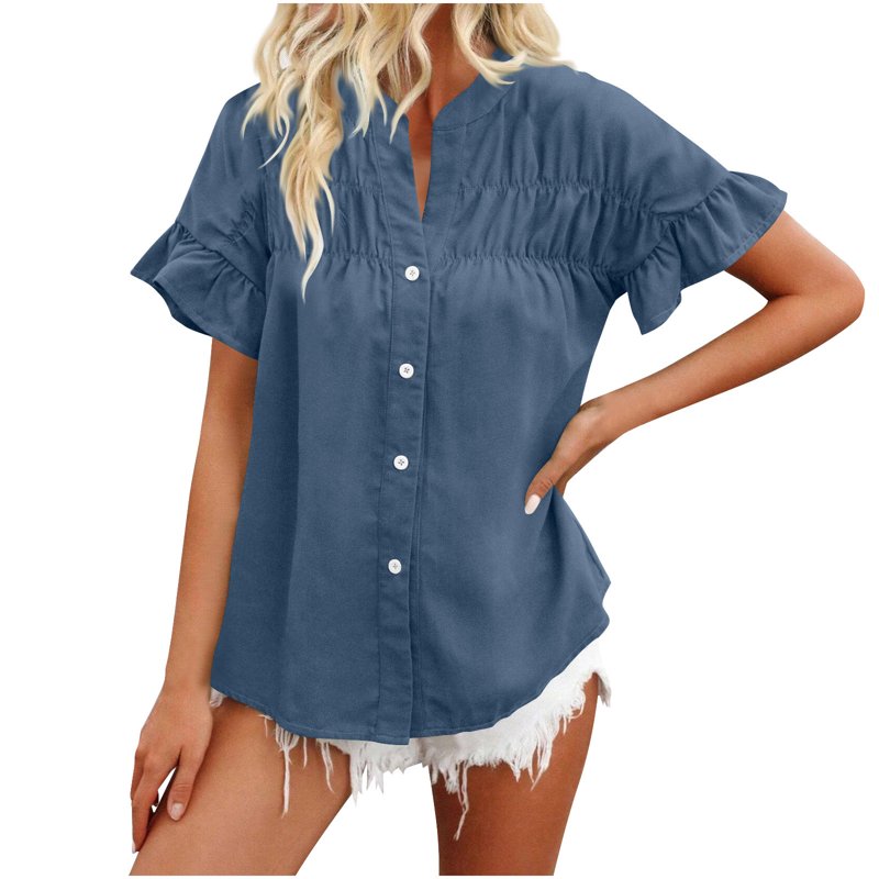 QUNYINEY Solid Women Button Down Shirts V Neck Casual Ruffle Short Sleeve Tops Pleated Loose Tops For Women Trendy