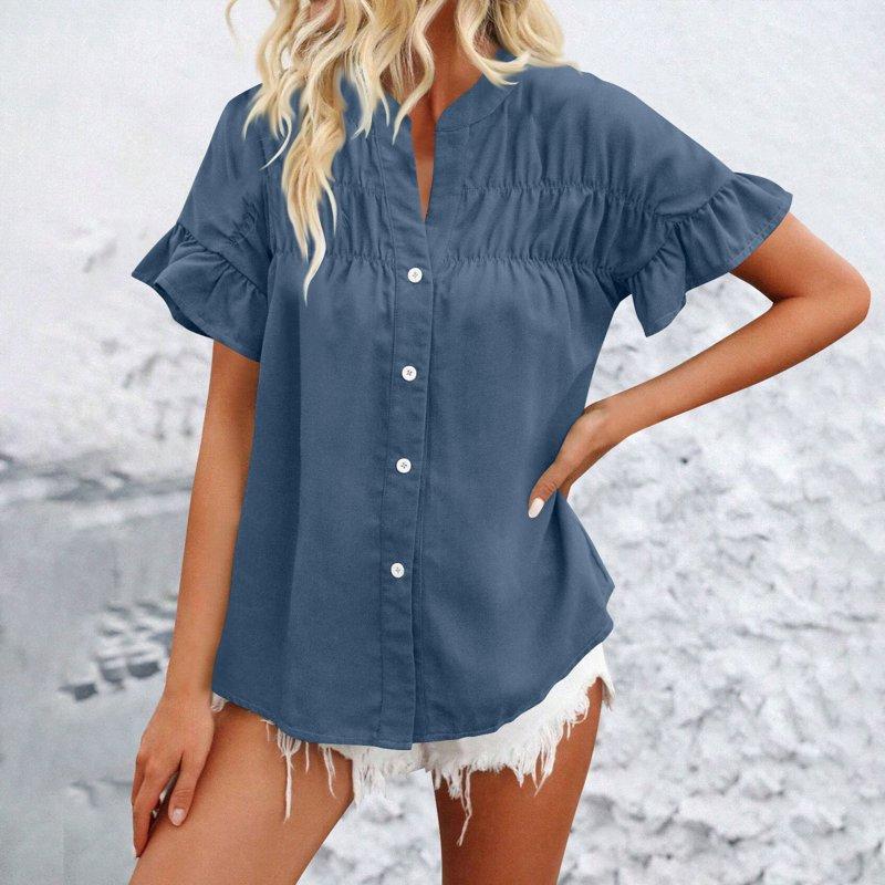 QUNYINEY Solid Women Button Down Shirts V Neck Casual Ruffle Short Sleeve Tops Pleated Loose Tops For Women Trendy
