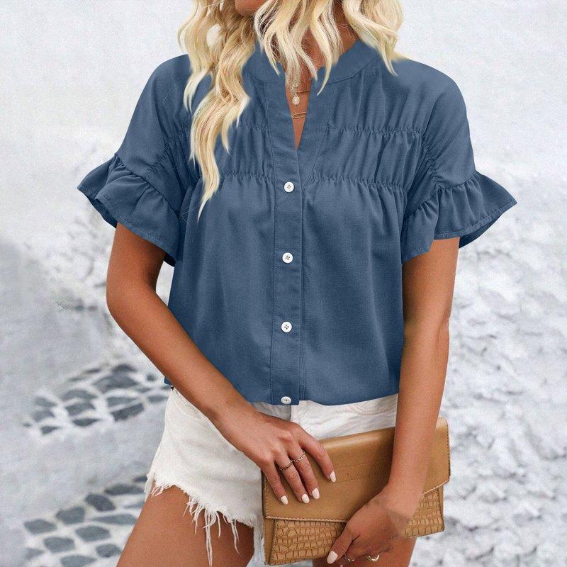 QUNYINEY Solid Women Button Down Shirts V Neck Casual Ruffle Short Sleeve Tops Pleated Loose Tops for Women Trendy QUNYINEY Solid Women Button Down Shirts V Neck Casual Ruffle Short Sleeve Tops Pleated Loose Tops for Women Trendy