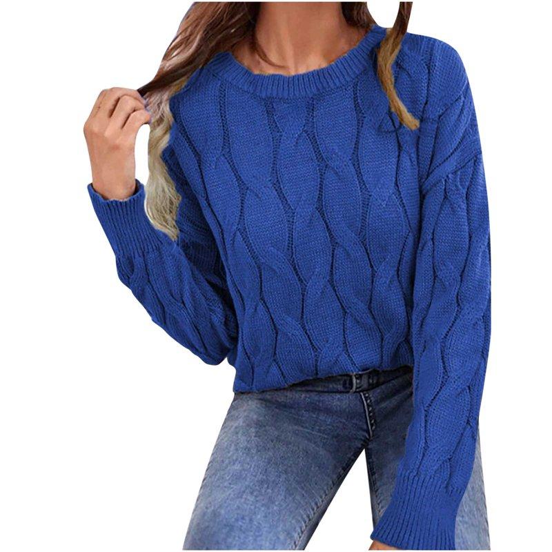QUNYINEY Solid Womens Sweater Pullover Blue Crew Neck Cable Knit Tops Long Sleeve Regular Casual Sweaters