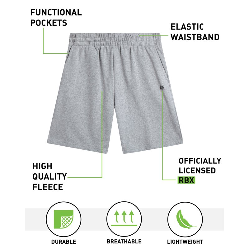 RBX Boys' Athletic Shorts - 2 Pack Breathable Performance Fleece Active Shorts For Boys (Sizes: 8-16)
