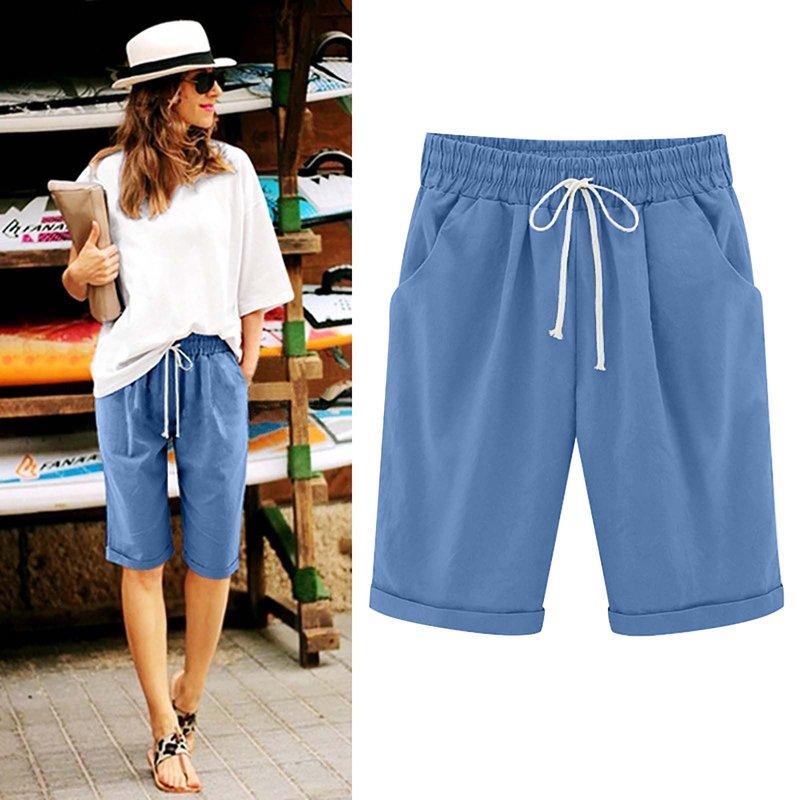 Rciityk Blue Women Casual Shorts Comfy Bermuda Shorts Drawstring Elastic Waist Short Casual Solid Color 5 Shorts Summer Knee Length Beach Shorts With Pockets - Spring/Summer Savings Clearance