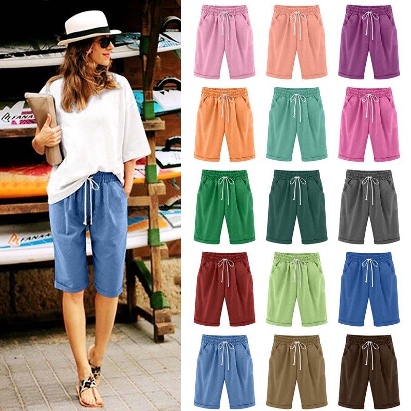 Rciityk Blue Women Casual Shorts Comfy Bermuda Shorts Drawstring Elastic Waist Short Casual Solid Color 5 Shorts Summer Knee Length Beach Shorts with Pockets - Spring/Summer Savings Clearance