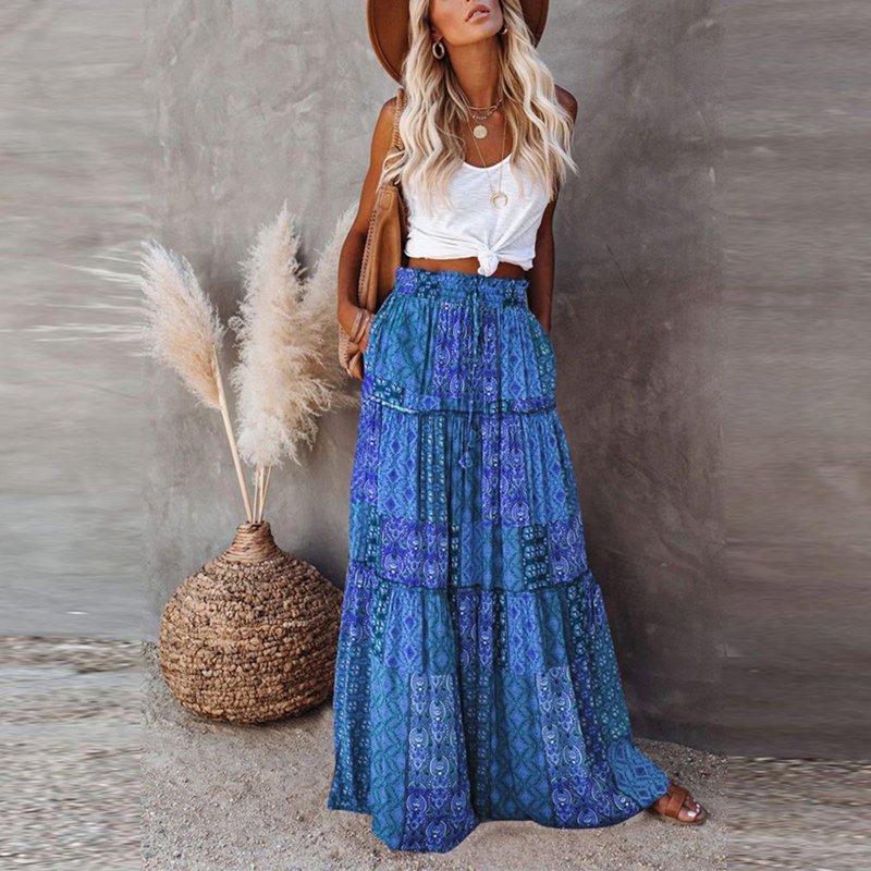 Rciityk Long Skirts For Women Maxi Boho Skirt Print Elastic High Waist Loose A-line Large Hem Skirt Summer Vacation Beach Skirt - Spring/Summer Savings Clearance