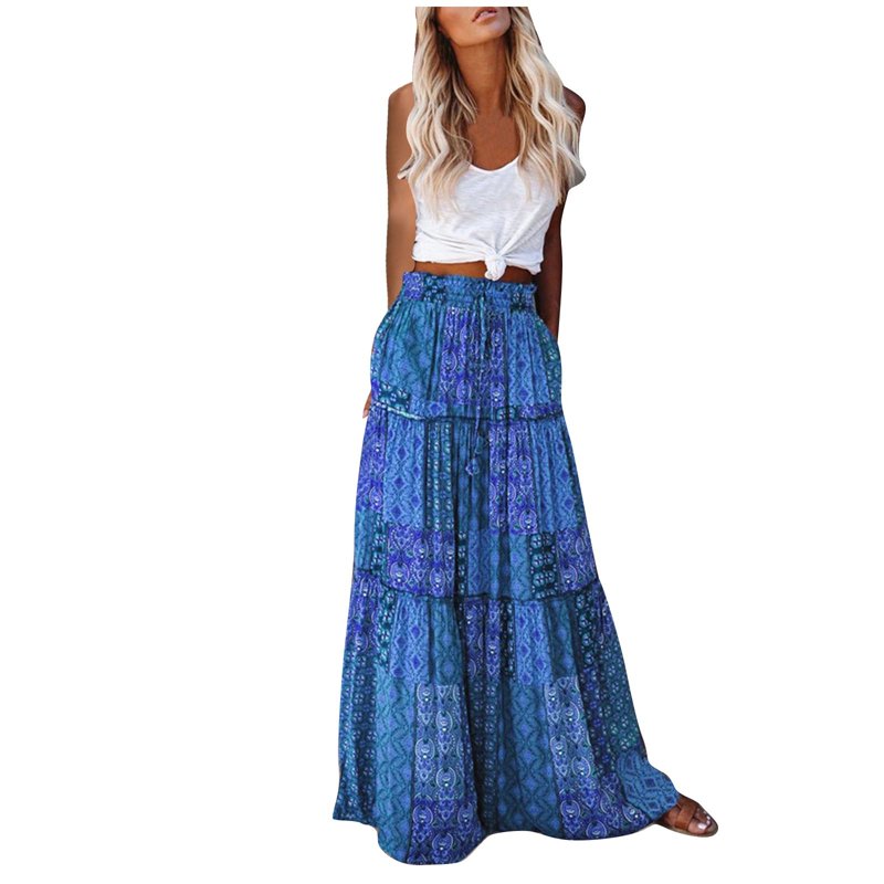 Rciityk Long Skirts For Women Maxi Boho Skirt Print Elastic High Waist Loose A-line Large Hem Skirt Summer Vacation Beach Skirt - Spring/Summer Savings Clearance