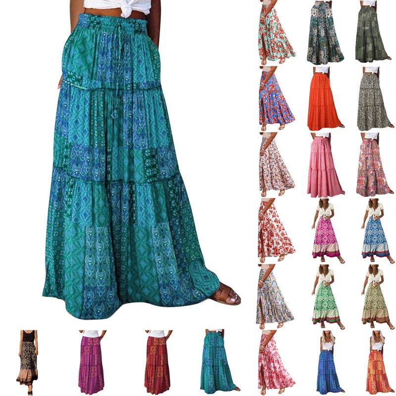 Rciityk Long Skirts for Women Maxi Boho Skirt Print Elastic High Waist Loose A-line Large Hem Skirt Summer Vacation Beach Skirt - Spring/Summer Savings Clearance