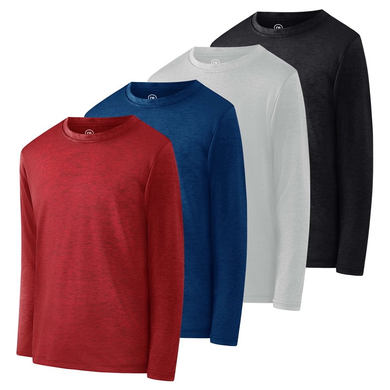 Real Essentials 4 Pack: Boys Youth Dry-Fit Moisture Wicking Active Athletic Performance Long-Sleeve T-Shirt