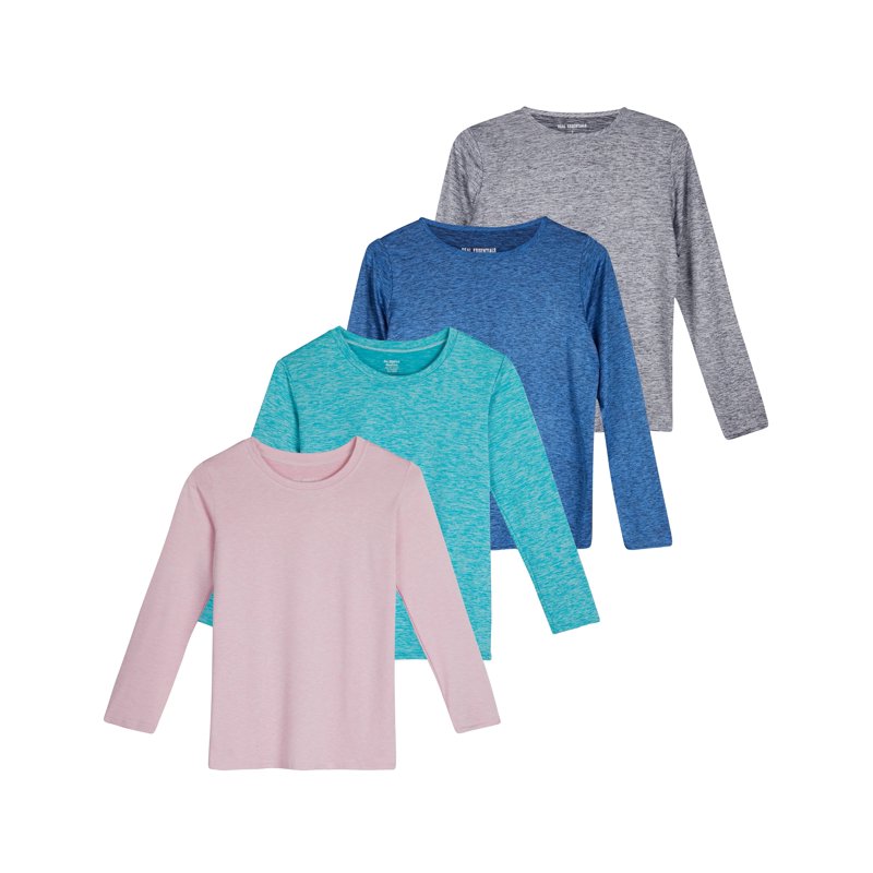 Real Essentials 4 Pack: Girls Dry-Fit Long Sleeve Active Crew Neck T-Shirt - Super Soft Tee