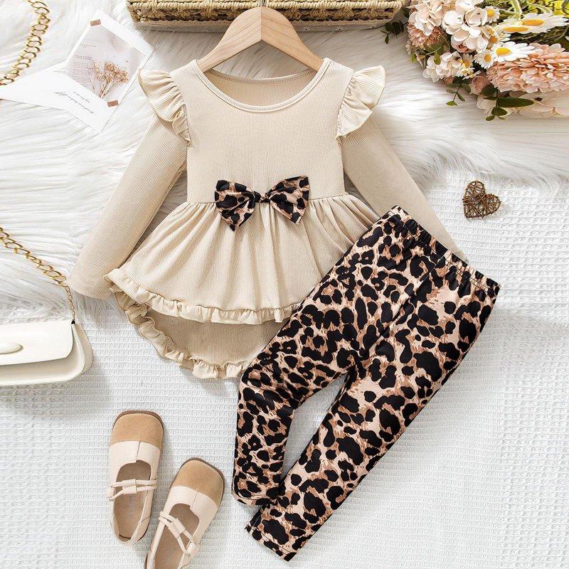 REgarm Girls Clothing Set 2 Pcs Floral Soft Crewneck Long Sleeve Top+Leggings Loose Kids Toddler Girls Fall Winter Outfits With Bowknot (Beige 3-4 Years)