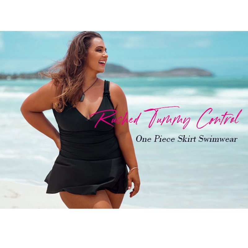 RELLECIGA Women's Front Ruched V Neck One Piece Skirt Vintage Swim Dress Retro One Piece Swimsuit Tummy Control One Piece Swim Dresses Black Bathing Suit