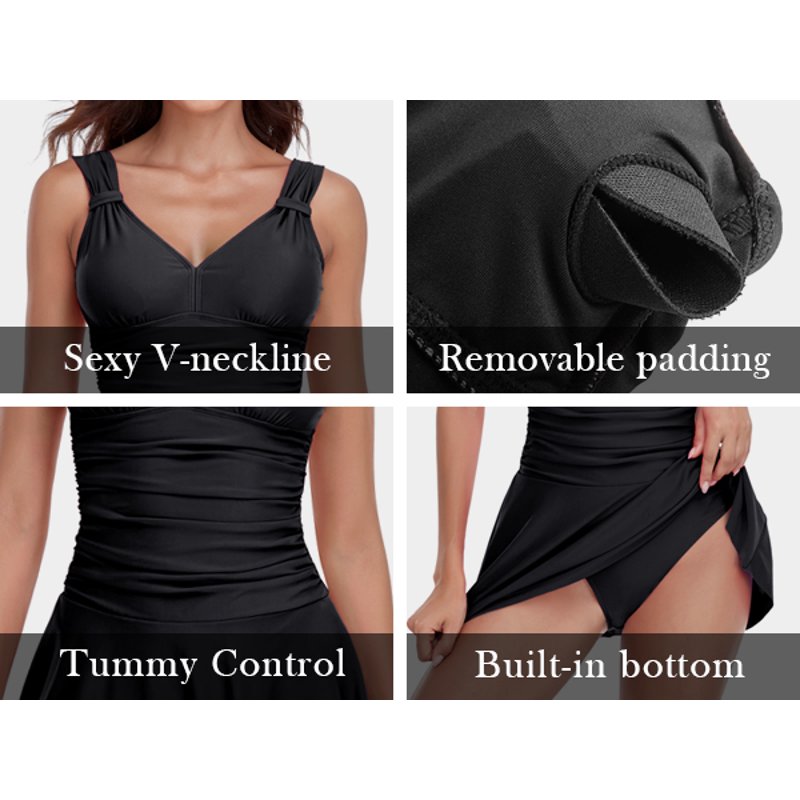 RELLECIGA Women's Front Ruched V Neck One Piece Skirt Vintage Swim Dress Retro One Piece Swimsuit Tummy Control One Piece Swim Dresses Black Bathing Suit