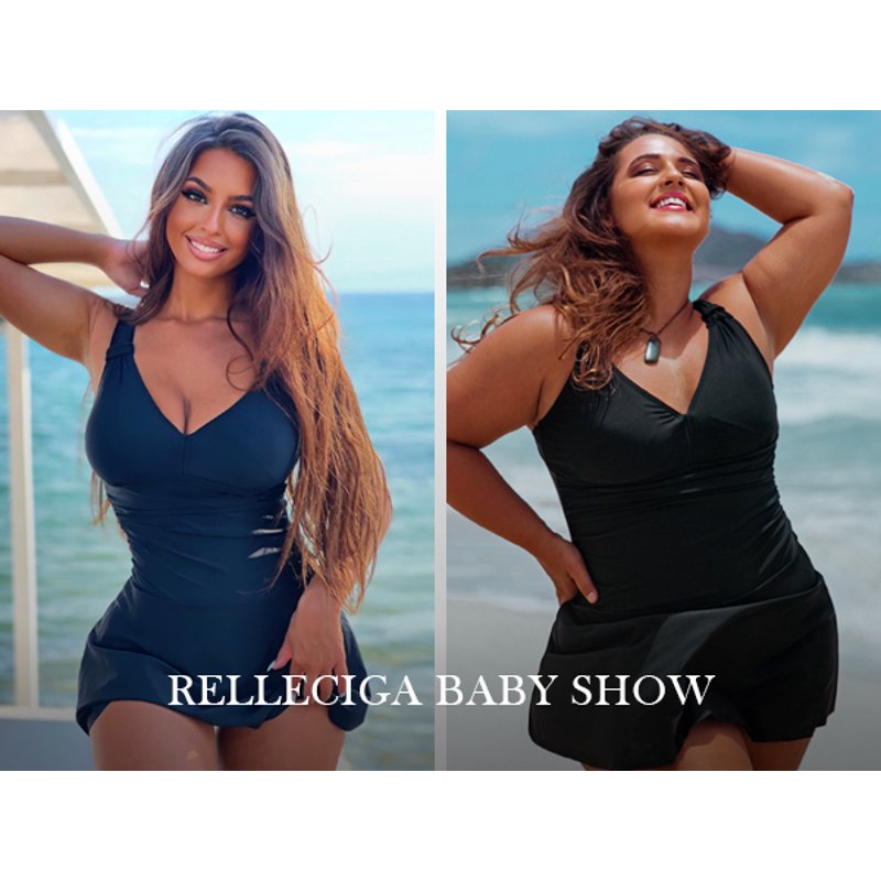 RELLECIGA Women's Front Ruched V Neck One Piece Skirt Vintage Swim Dress Retro One Piece Swimsuit Tummy Control One Piece Swim Dresses Black Bathing Suit