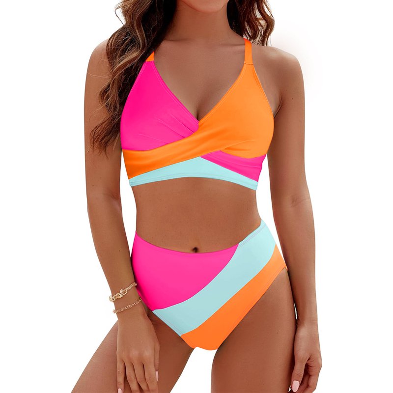 Rosvigor Womens Swimsuits Two Piece Bikini Sets Bathing Suits for Women Summer Color Block Swimwear