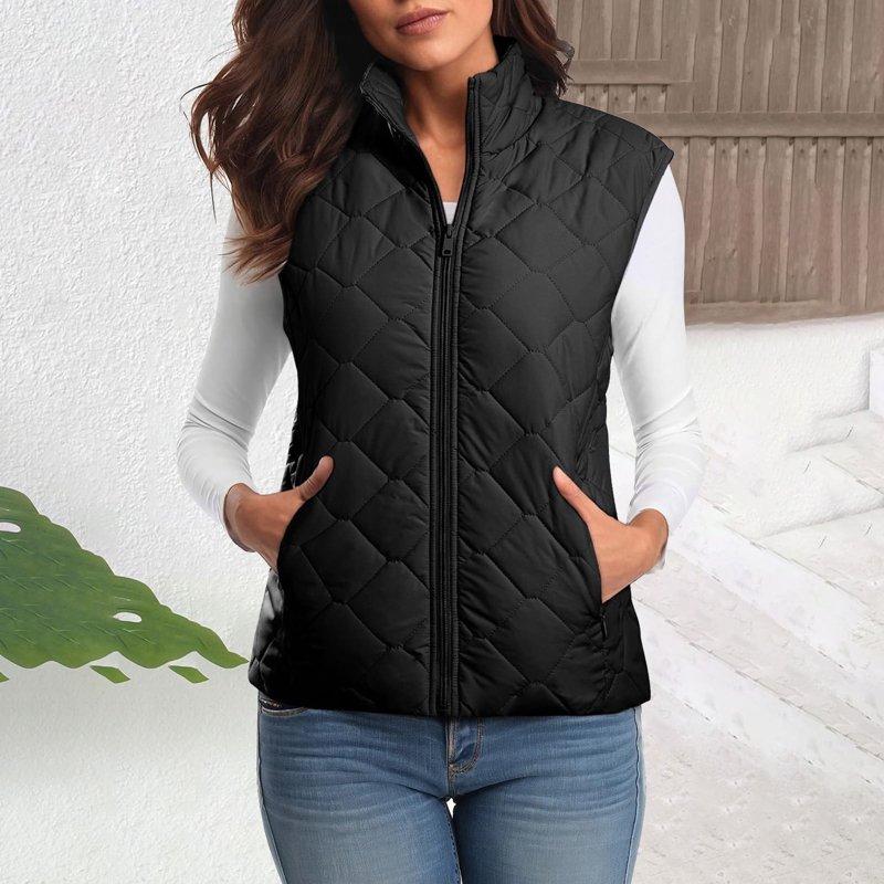 Royisotas Quilted Vests For Women Stand Collar Waistcoat Lightweight Zipper Wram Black Sleeveless Ladies Jackets