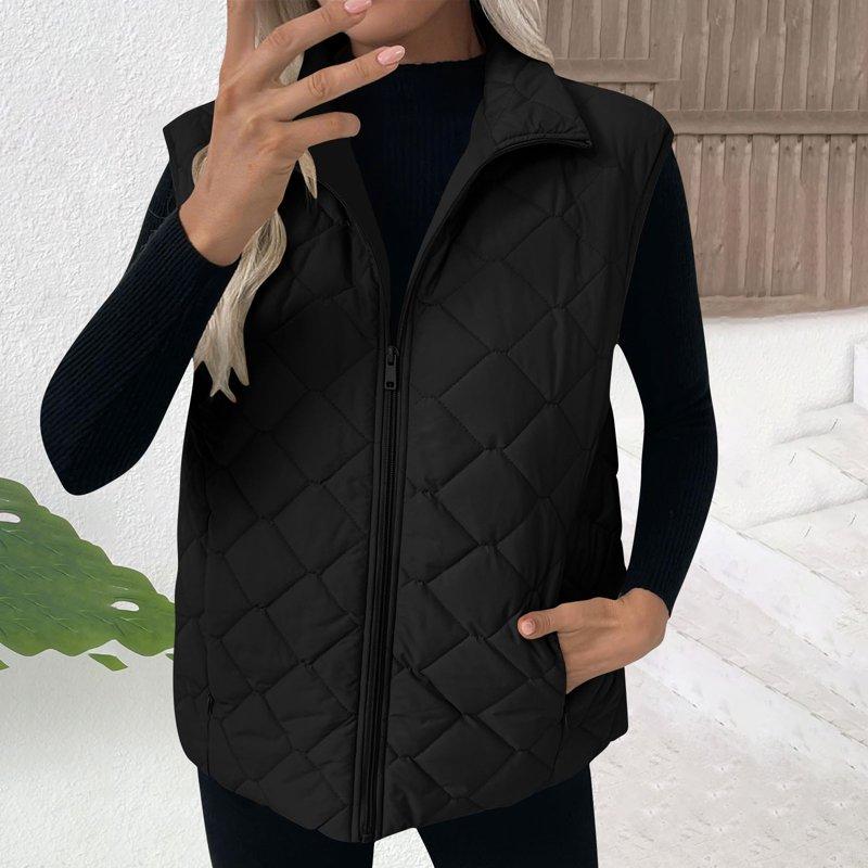 Royisotas Quilted Vests For Women Stand Collar Waistcoat Lightweight Zipper Wram Black Sleeveless Ladies Jackets