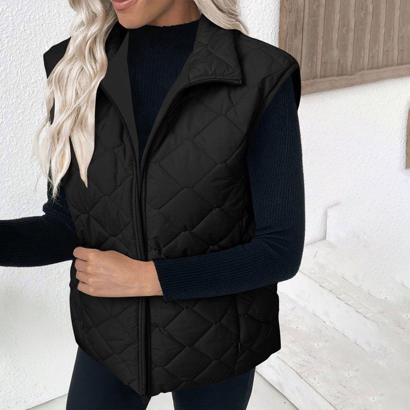 Royisotas Quilted Vests For Women Stand Collar Waistcoat Lightweight Zipper Wram Black Sleeveless Ladies Jackets