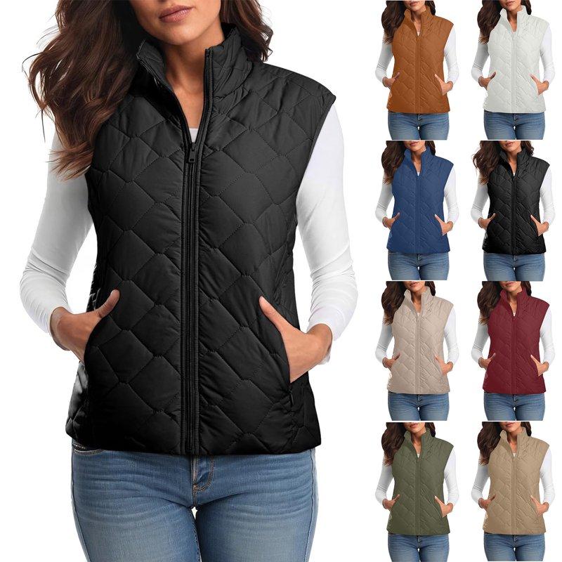 Royisotas Quilted Vests for Women Stand Collar Waistcoat Lightweight Zipper Wram Black Sleeveless Ladies Jackets