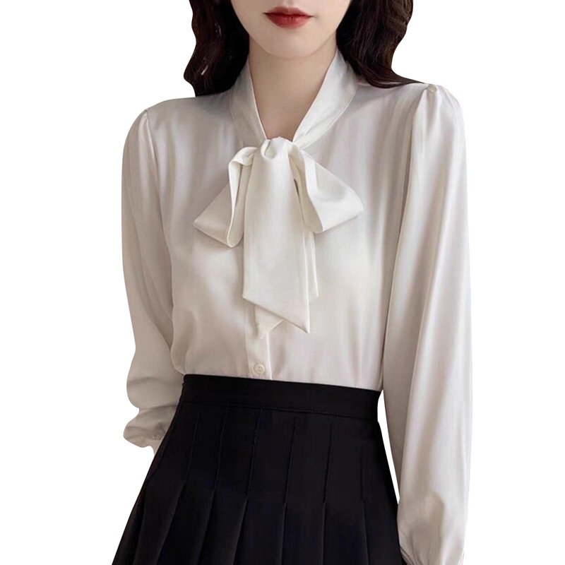 RYRJJ Womens Dressy Business Casual Blouse Pleated Mock Neck Long Sleeve Tops Fall Fashion Satin Silk Work Shirts(z2-White L)
