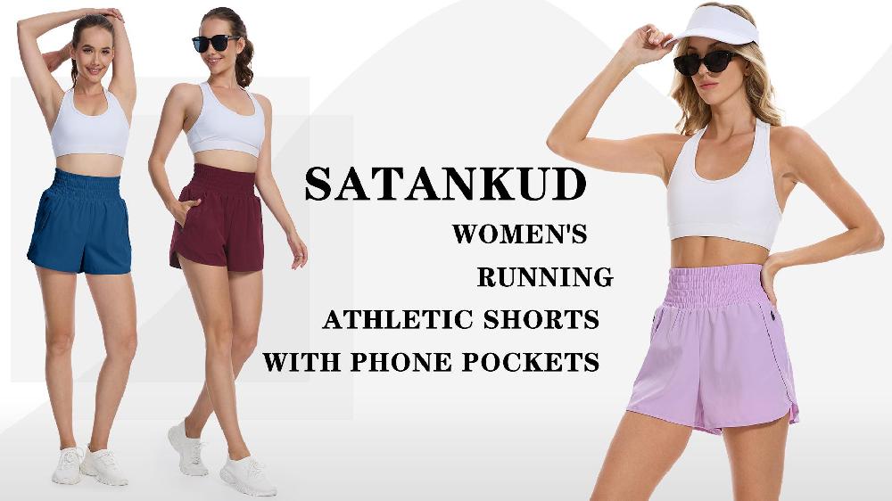Satankud Women's High Waisted Running Shorts Mesh Liner Quick Dry Athletic Gym Track Workout Shorts Zip Pocket Blue Size M