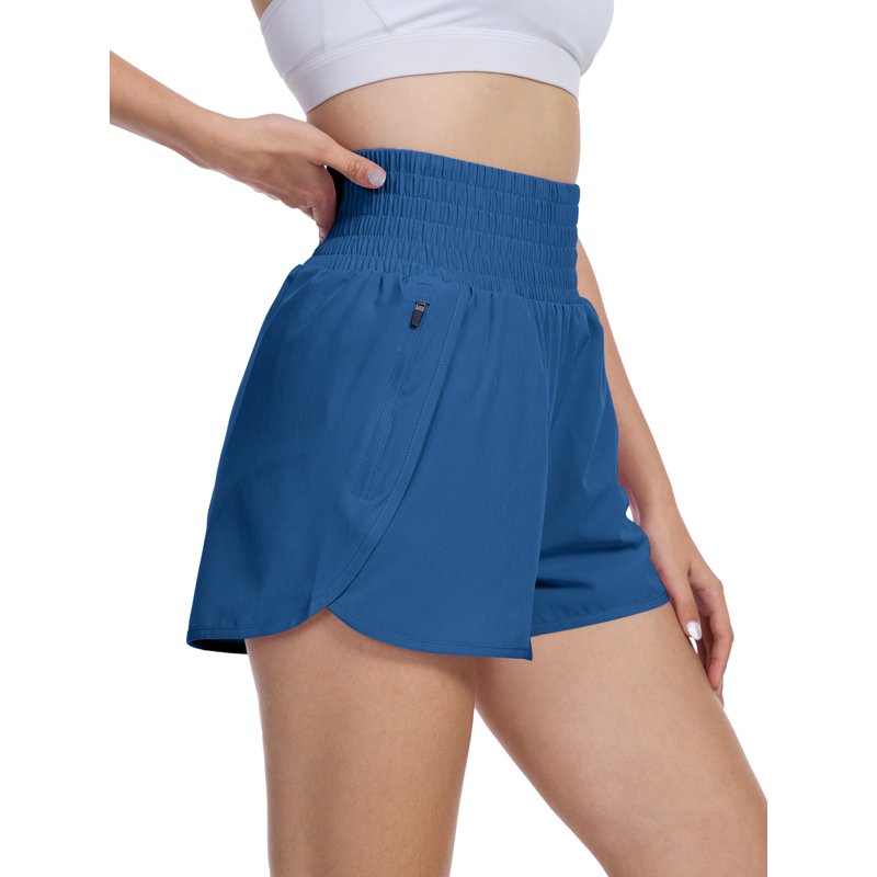 Satankud Women's High Waisted Running Shorts Mesh Liner Quick Dry Athletic Gym Track Workout Shorts Zip Pocket Blue Size M