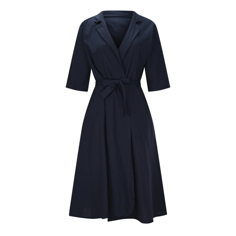 SCSAlgin Women's Cotton Linen Dress Casual Boho V Neck Half Sleeve Tie Waist Split Beach Midi Dresses With Pockets