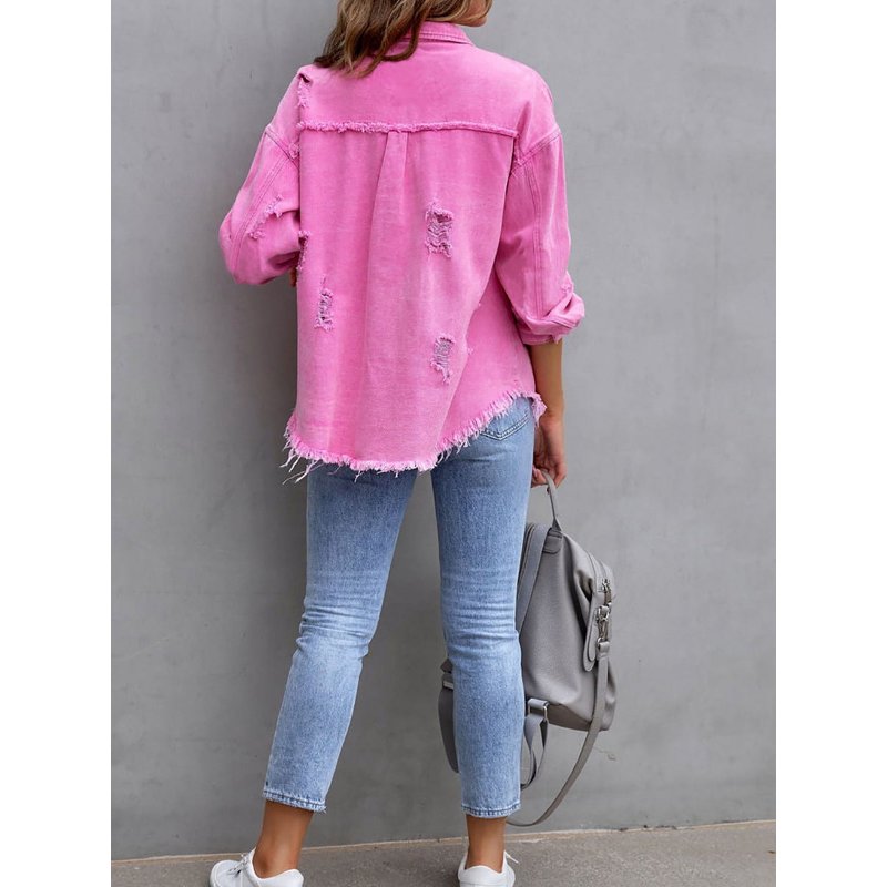 SEARIPE Women's Casual Denim Jacket Frayed Hem Ripped Long Sleeve Jean Jacket With Pockets Pink M